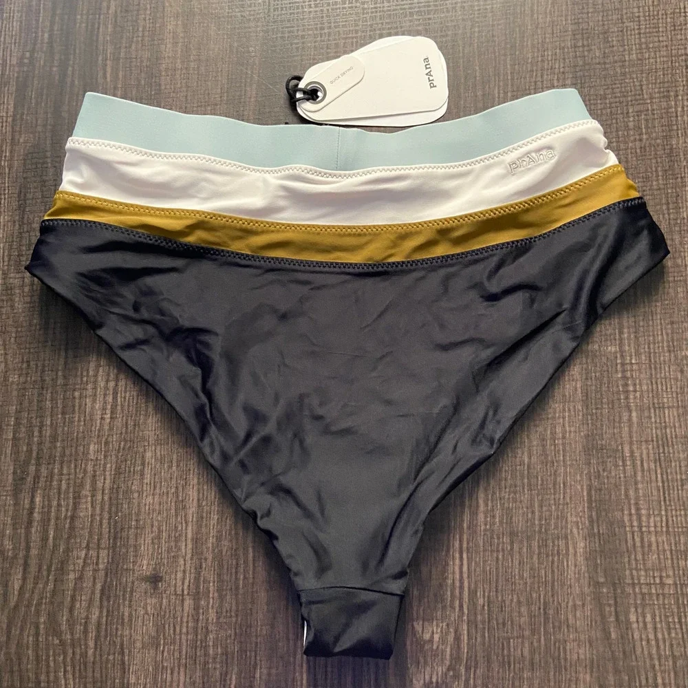 Prana Baja Bound High Rise Swim Bottom Womens M Black Colorblock Quick Dry Brief